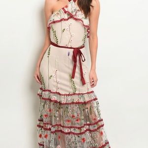 Nude & Burgundy 3D Floral embroidered tulle sheer dress gown